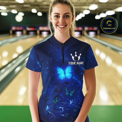 Blue galaxy Butterfly Bowling Polo, Quarter Zip shirts For Women Custom Butterfly Team bowling jersey NQS11268