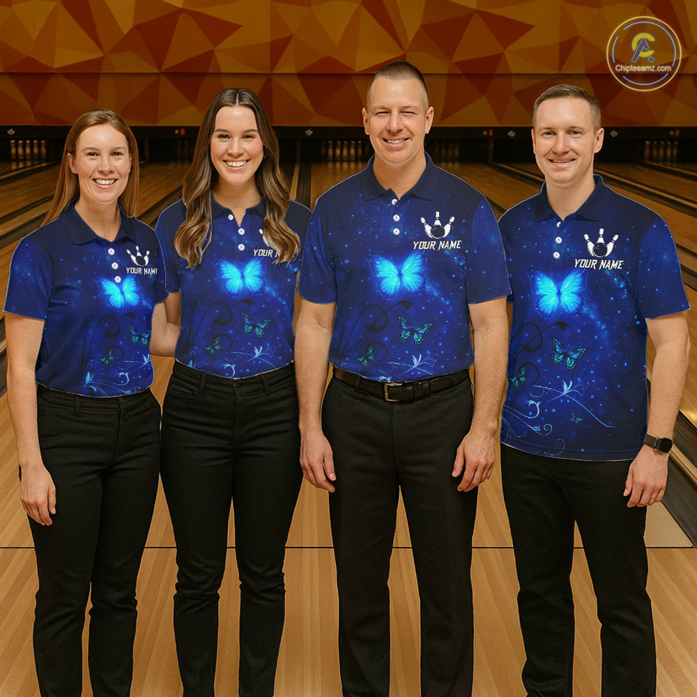 Blue galaxy Butterfly Bowling Polo, Quarter Zip shirts For Women Custom Butterfly Team bowling jersey NQS11268
