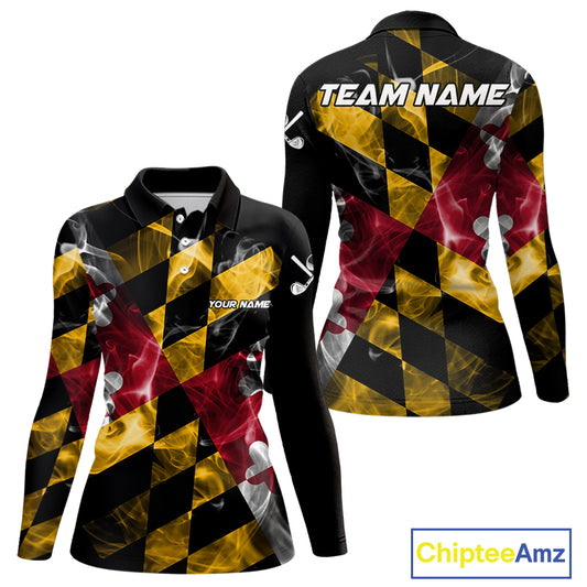Smoke Maryland Flag Black Golf Polo shirts for Women Custom patriotic Team Ladies Golf Outfit NQS11467