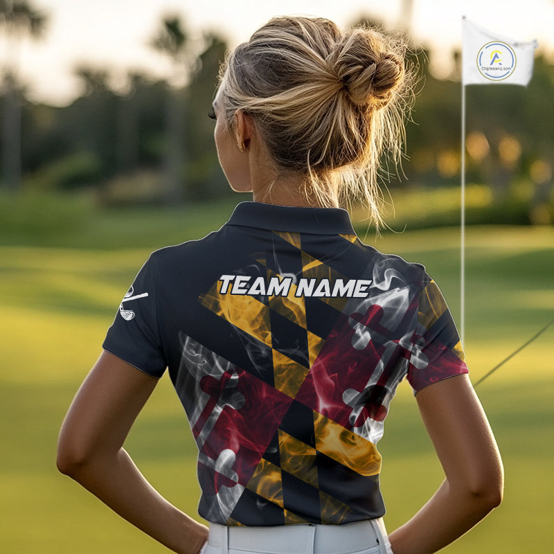 Smoke Maryland Flag Black Golf Polo shirts for Women Custom patriotic Team Ladies Golf Outfit NQS11467