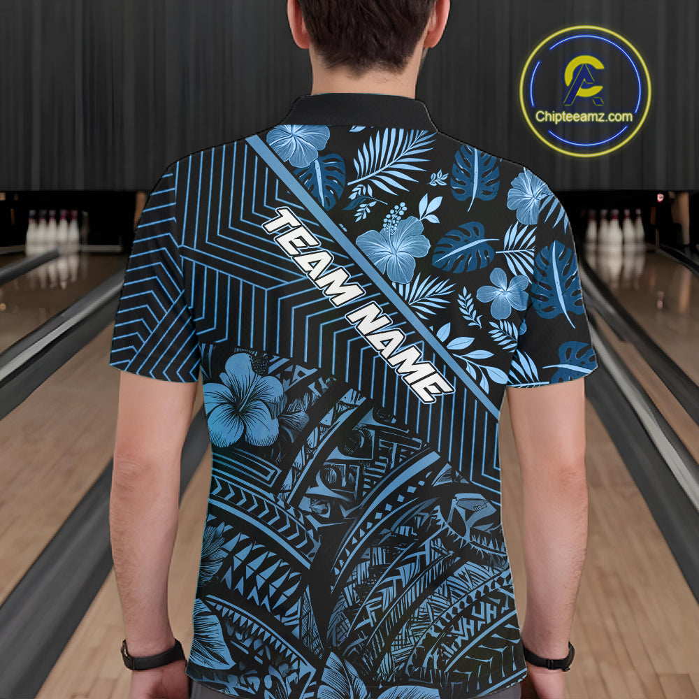 Black and Blue tribal pattern Bowling Polo, 1/4 zip Shirts For Men Custom Team Bowling Jerseys NQS11468