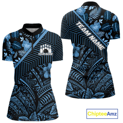 Black and Blue tribal pattern Bowling Polo, 1/4 zip Shirts For Women Custom Team Bowling Jerseys NQS11468