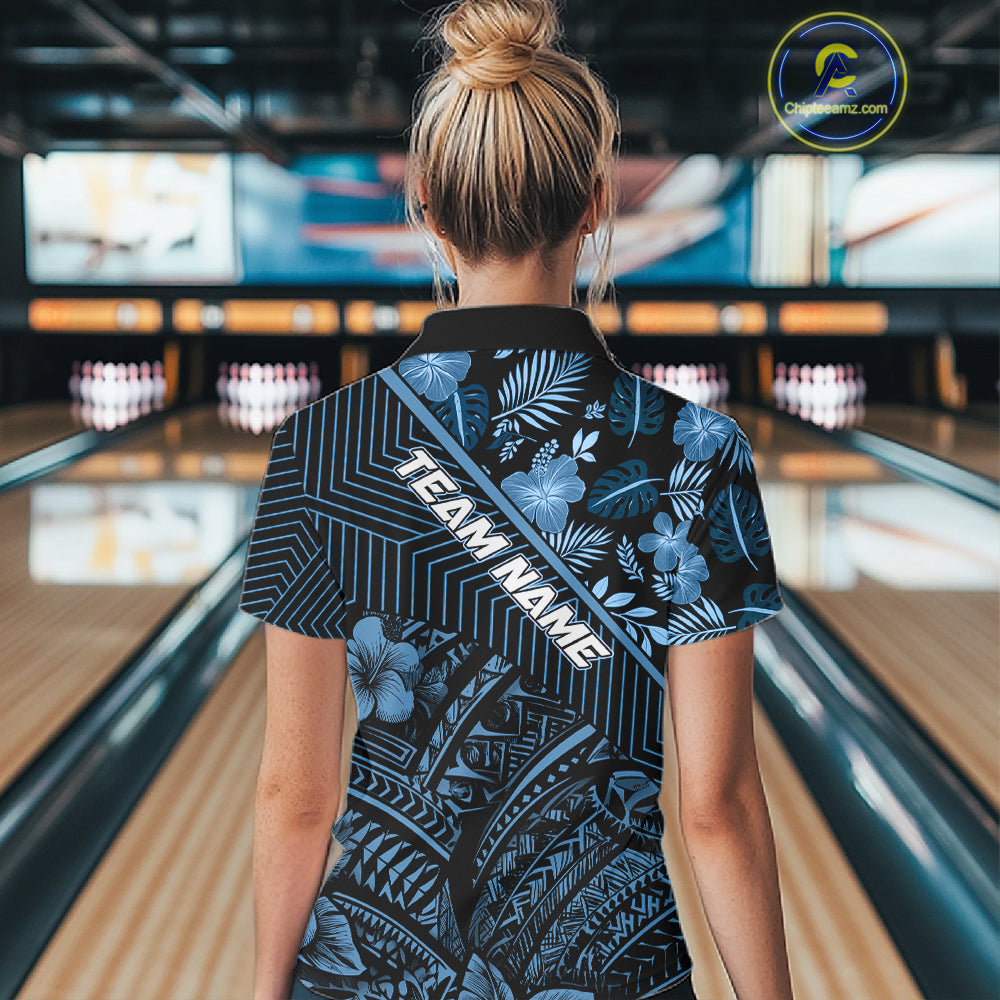 Black and Blue tribal pattern Bowling Polo, 1/4 zip Shirts For Women Custom Team Bowling Jerseys NQS11468