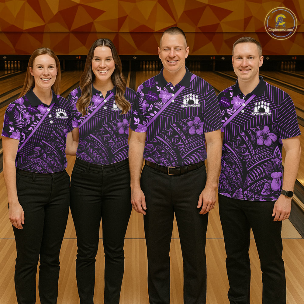 Black and Purple tribal pattern Bowling Polo, 1/4 zip Shirts For Women Custom Team Bowling Jerseys NQS11470
