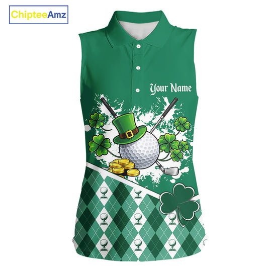 Green argyle pattern St Patrick Sleeveless Golf Polo Golf shirt for Women Custom gifts for the golfer NQS11476