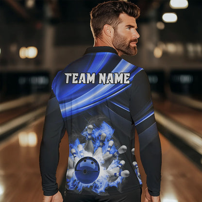 Personalized Black and Blue Smoke Flame Bowling Polo, 1/4 Zip Shirts For Men, cool bowling jerseys NQS9543