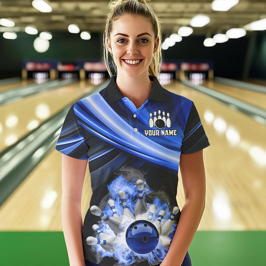 Personalized Black and Blue Smoke Flame Bowling Polo, 1/4 Zip Shirts For Women, cool bowling jerseys NQS9543