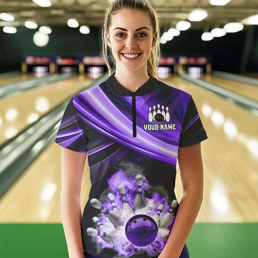 Personalized Black and Purple Smoke Flame Bowling Polo, 1/4 Zip Shirts For Women, cool bowling jerseys NQS9544