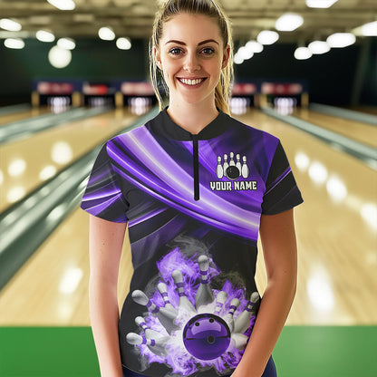 Personalized Black and Purple Smoke Flame Bowling Polo, 1/4 Zip Shirts For Women, cool bowling jerseys NQS9544