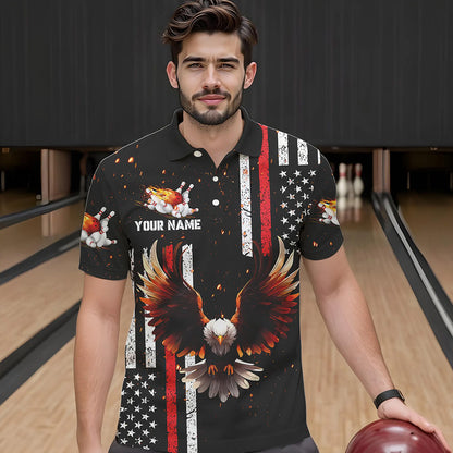 Personalized Black American Flag Flame Eagle Bowling Shirts For Men Custom patriotic bowling jerseys NQS9549