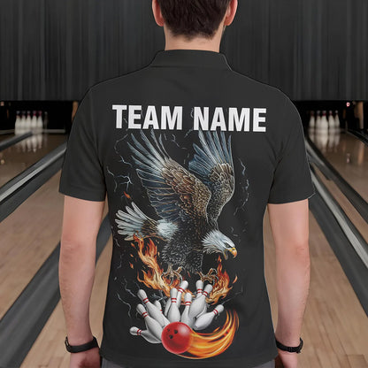 Black Mens Bowling Polo, 1/4 Zip Shirt Custom Flame Eagle Lightning bowling outfit gifts for bowlers NQS9707