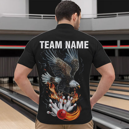 Black Mens Bowling Polo, 1/4 Zip Shirt Custom Flame Eagle Lightning bowling outfit gifts for bowlers NQS9707