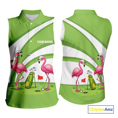Funny Pink Flamingo Sleeveless Golf Polo Shirts for Women Custom Green and White ladies golf attire NQS11747