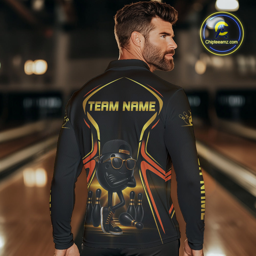 Black and Gold Funny bowling ball and pins Bowling shirts for Men Custom cool bowling team jerseys NQS10273