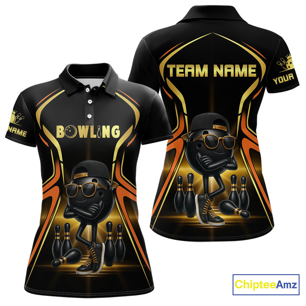 Black and Gold Funny bowling ball and pins Bowling shirts for Women Custom cool bowling team jerseys NQS10273