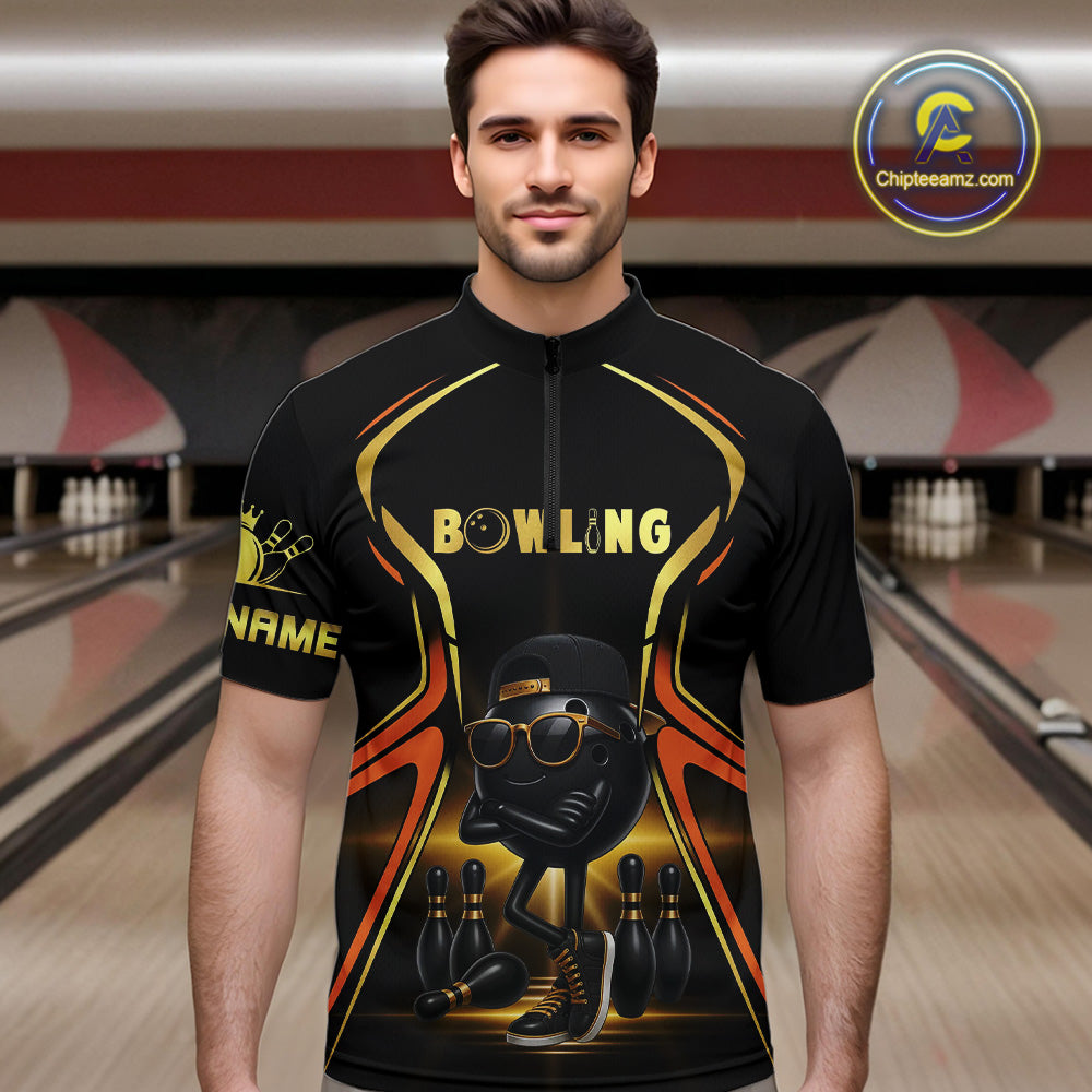 Black and Gold Funny bowling ball and pins Bowling shirts for Men Custom cool bowling team jerseys NQS10273