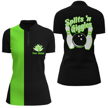 Load image into Gallery viewer, Splits'n Giggles Bowling polo, 1/4 zip Shirt For Women Personalized Black Green retro bowling Jersey NQS8488