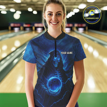 Load image into Gallery viewer, Blue Thunder Lightning Skull Reaper Bowling Shirts For Women Custom Team Bowling Jerseys For Bowlers NQS10679