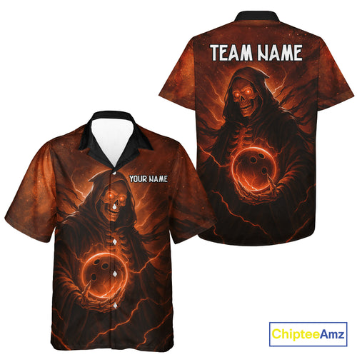 Orange Thunder Lightning Skull Reaper Bowling Hawaiian Shirt Custom Halloween Team Bowling Jerseys NQS10680