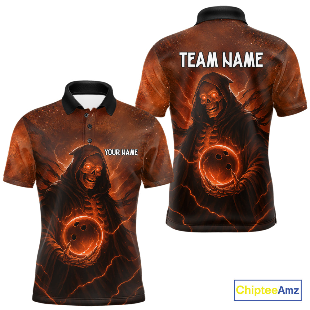 Orange Thunder Lightning Skull Reaper Bowling Shirts For Men Custom Halloween Team Bowling Jerseys NQS10680