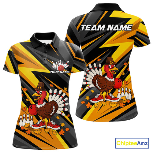 Custom Funny Turkey Bowling Shirts For Women, Black and Yellow Camo Thanksgiving Bowling Shirt Team NQS10683