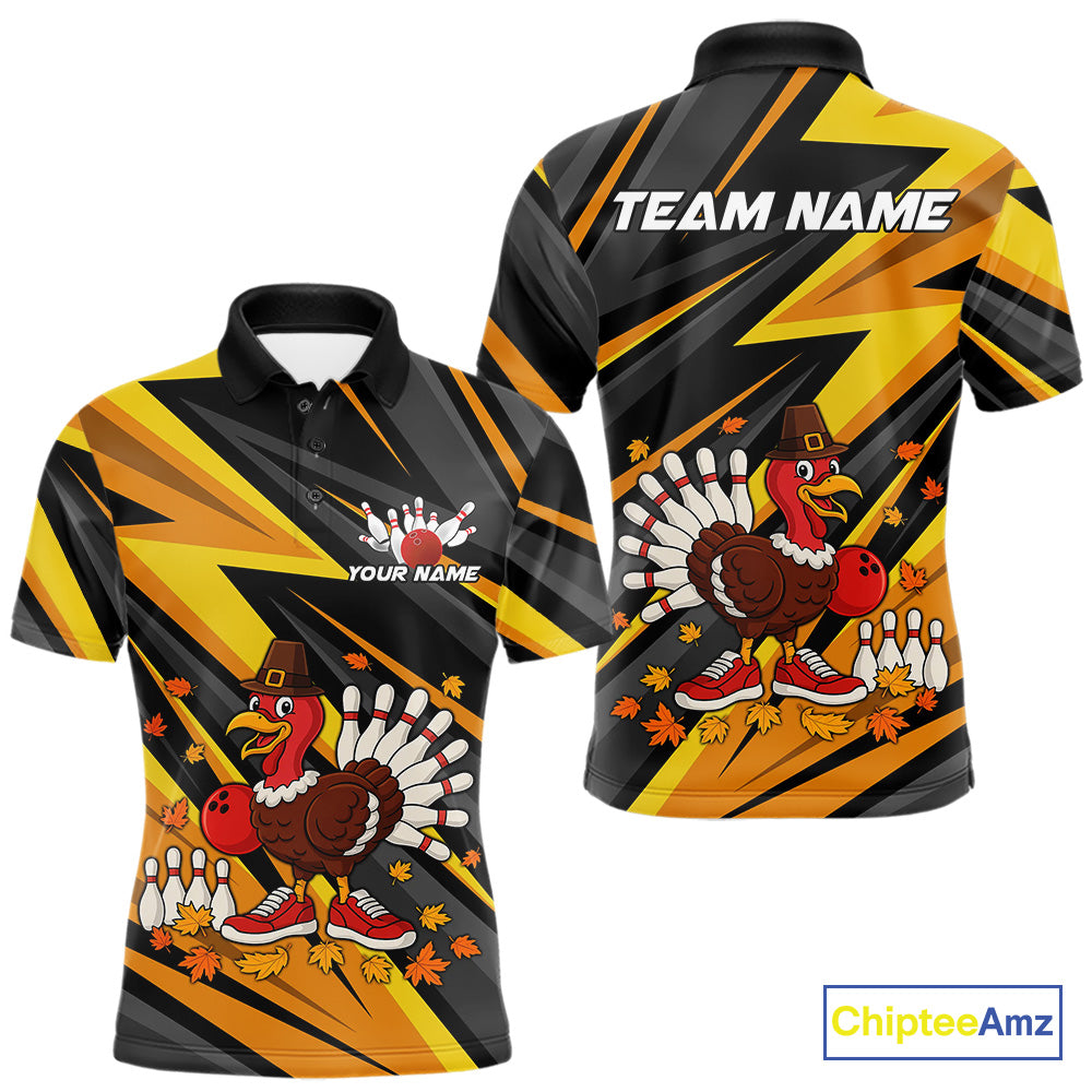 Custom Funny Turkey Bowling Shirts For Men, Black and Yellow Camo Thanksgiving Bowling Shirt Team NQS10683