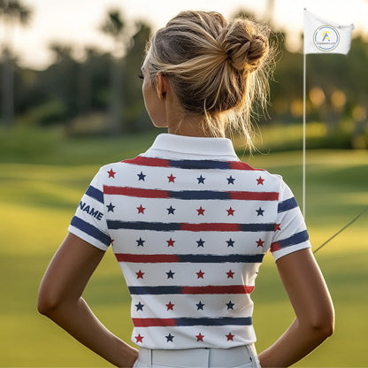Red, White and Blue stars pattern Women golf polo shirts Custom patriotic ladies golf attire NQS9980