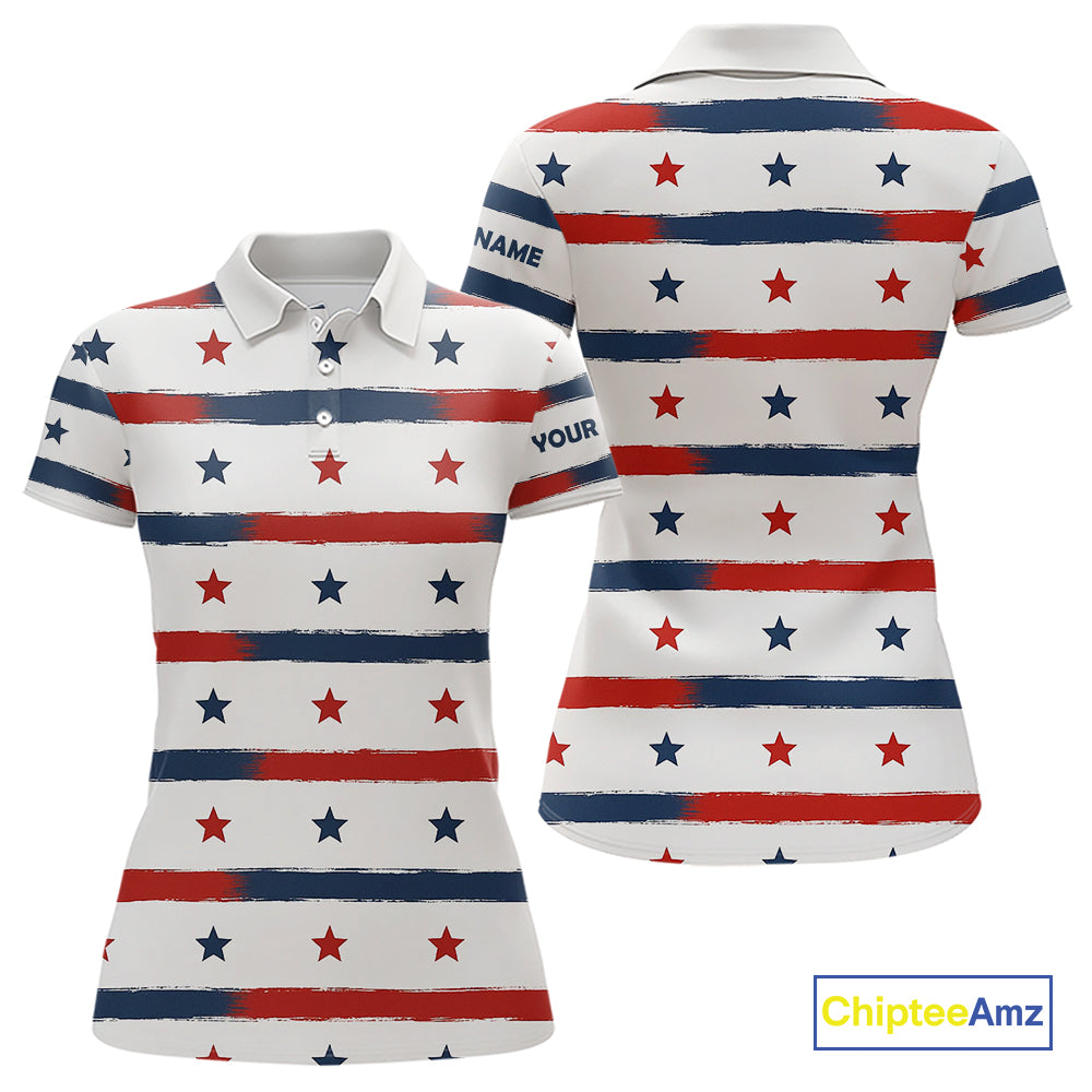 Red, White and Blue stars pattern Women golf polo shirts Custom patriotic ladies golf attire NQS9980