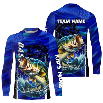 Largemouth Bass Fishing Custom long sleeve performance fishing shirts, team fishing shirt | Blue NQS8501