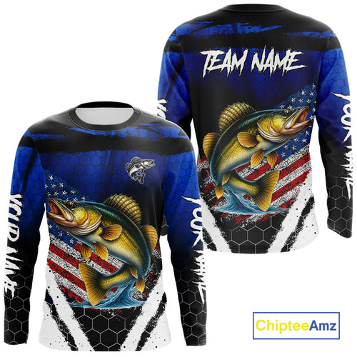 Walleye fishing American Flag Custom patriotic long sleeve team Walleye fishing shirts | Blue NQS10686