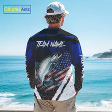 Load image into Gallery viewer, Salmon fishing American Flag Custom patriotic long sleeve team Salmon fishing shirts | Blue NQS10687
