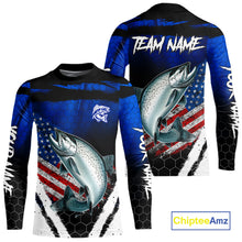 Load image into Gallery viewer, Salmon fishing American Flag Custom patriotic long sleeve team Salmon fishing shirts | Blue NQS10687
