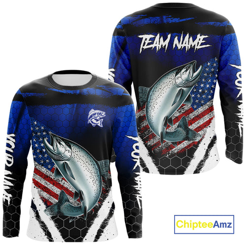 Salmon fishing American Flag Custom patriotic long sleeve team Salmon fishing shirts | Blue NQS10687