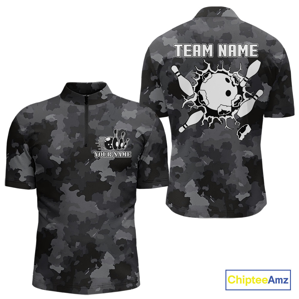 Bowling Polo, Quarter Zip shirts For Men Custom bowling ball and pins black camo Bowling Team Jersey NQS10889