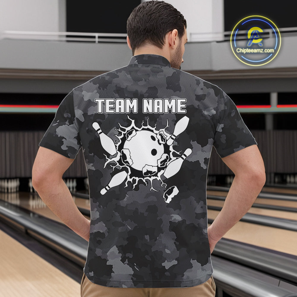Bowling Polo, Quarter Zip shirts For Men Custom bowling ball and pins black camo Bowling Team Jersey NQS10889