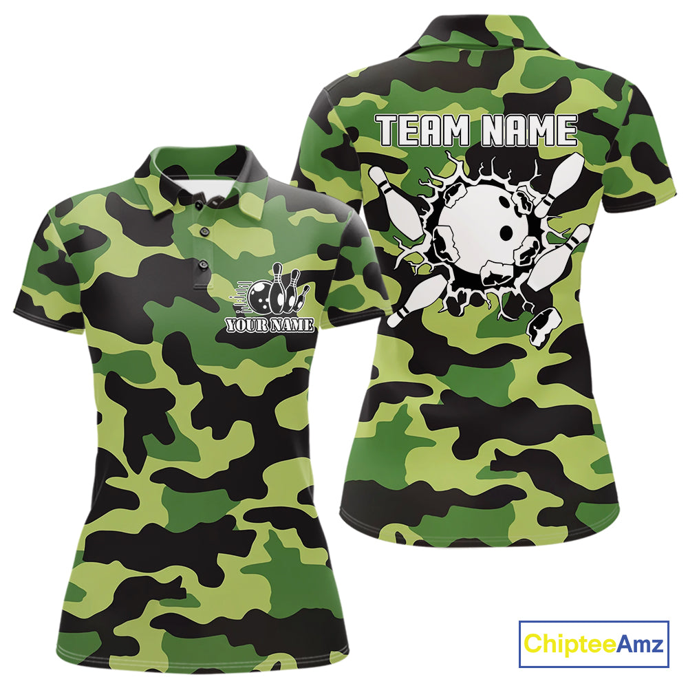 Bowling Polo, Quarter Zip shirts For Women Custom bowling ball & pins Green camo Bowling Team Jersey NQS10890