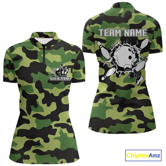 Bowling Polo, Quarter Zip shirts For Women Custom bowling ball & pins Green camo Bowling Team Jersey NQS10890