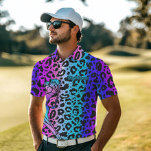 Load image into Gallery viewer, Neon Blue and purple leopard pattern Mens golf polo shirts Custom mens golf tops, unique golf gifts NQS9401