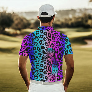 Neon Blue and purple leopard pattern Mens golf polo shirts Custom mens golf tops, unique golf gifts NQS9401