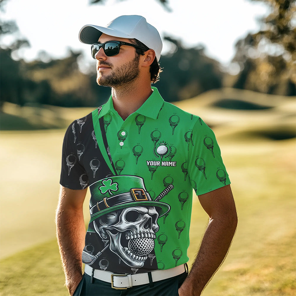 Personalized Black and Green Camo Skull Men golf polo shirts Custom St Patrick Day mens golf wear NQS9566