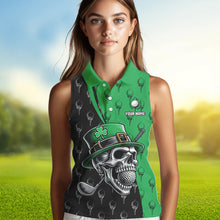 Load image into Gallery viewer, Black and Green Camo Skull Women sleeveless polo shirt Custom St Patrick Day ladies golf wear NQS9566