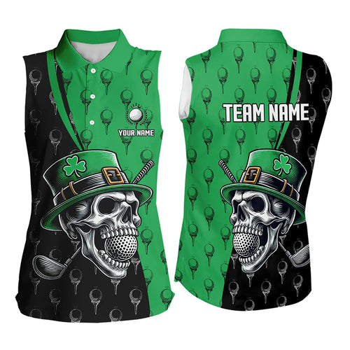 Black and Green Camo Skull Women sleeveless polo shirt Custom St Patrick Day ladies golf wear NQS9566