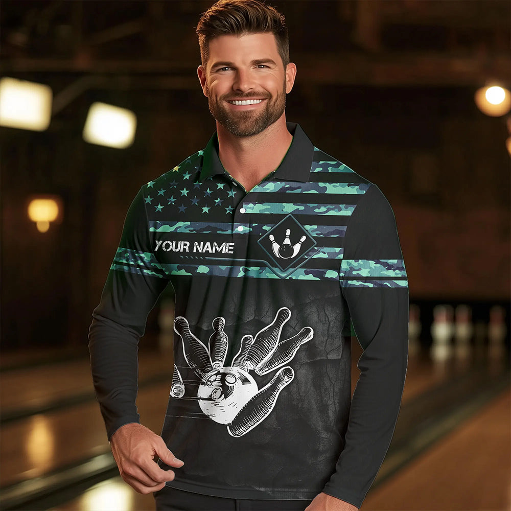 Personalized Turquoise camo American flag Custom Bowling Team Shirts For Mens, Bowling League Jersey NQS9725