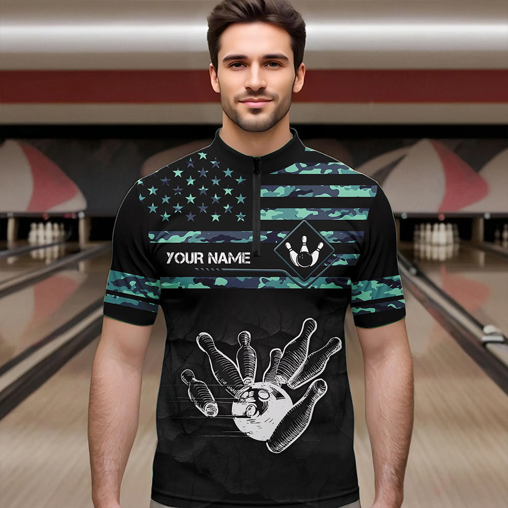 Personalized Turquoise camo American flag Custom Bowling Team Shirts For Mens, Bowling League Jersey NQS9725