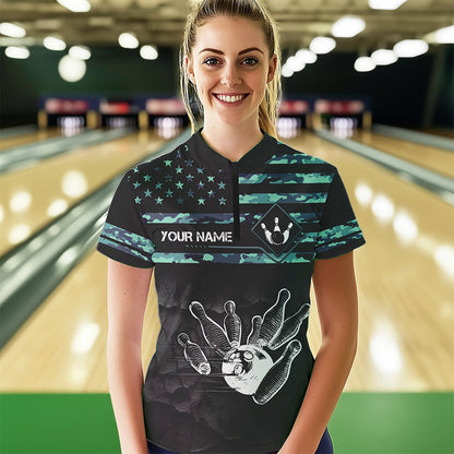 Personalized Turquoise camo American flag Custom Bowling Team Shirts For Women, Bowling League Jersey NQS9725