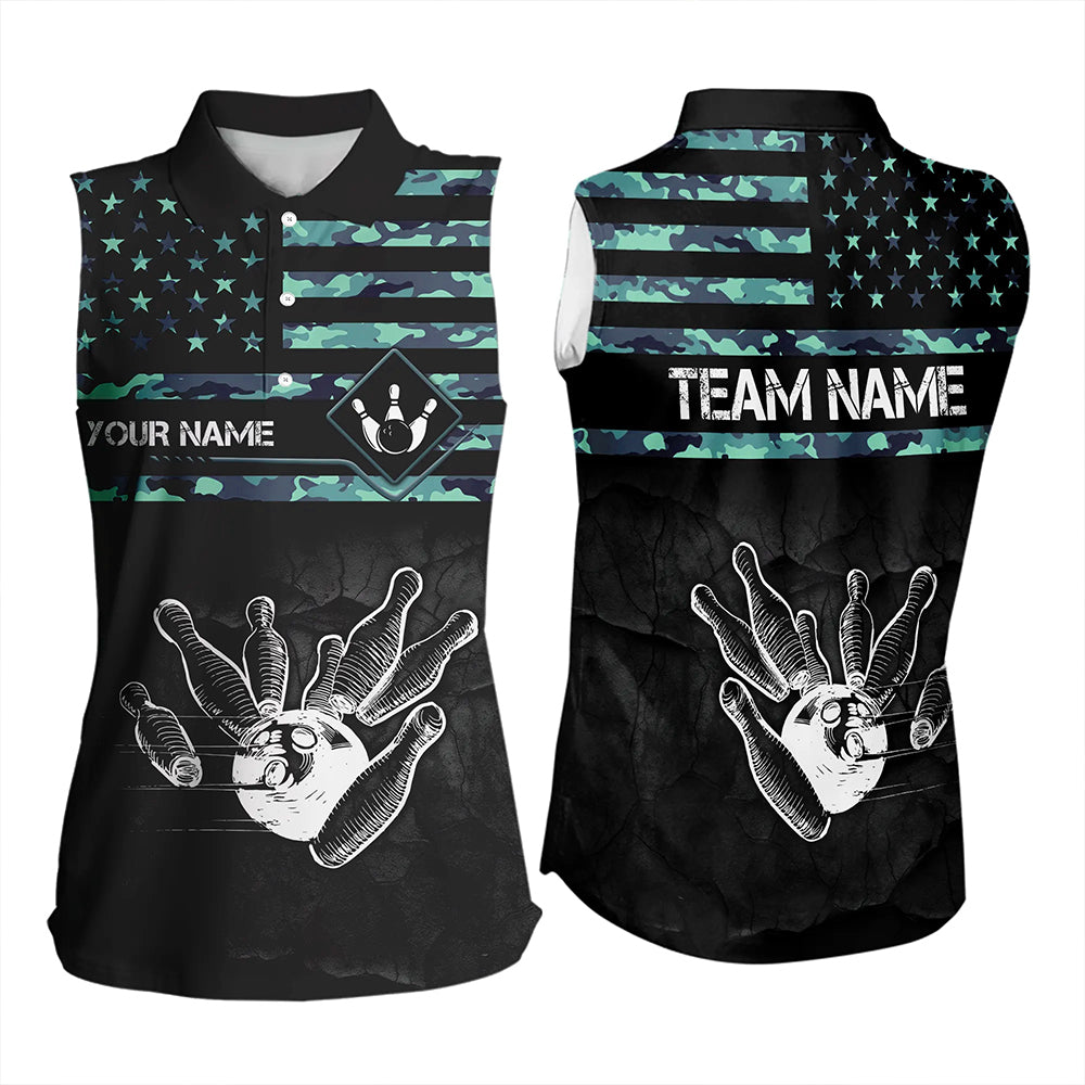 Personalized Turquoise camo American flag Custom Bowling Sleeveless Polo Shirt, Bowling League Jersey NQS9725