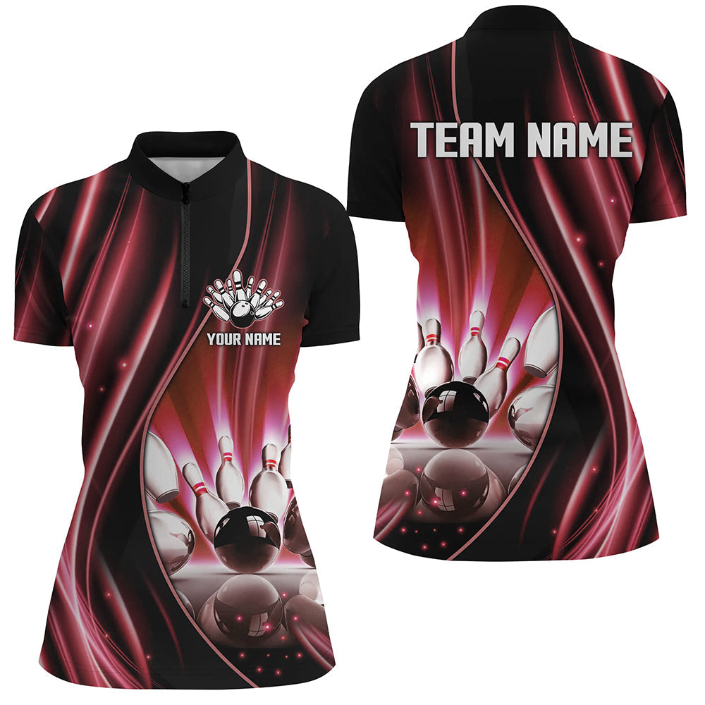 Red and black light Women Polo, 1/4 Quarter Zip Shirts Custom bowling team jerseys, gift for bowlers NQS7860