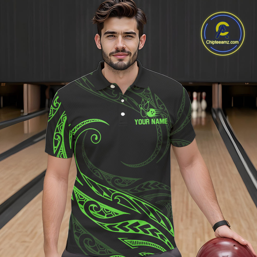 Black and Green Tribal Pattern Bowling Polo, Quarter Zip shirts For Men Custom Team Bowling Jerseys NQS10484