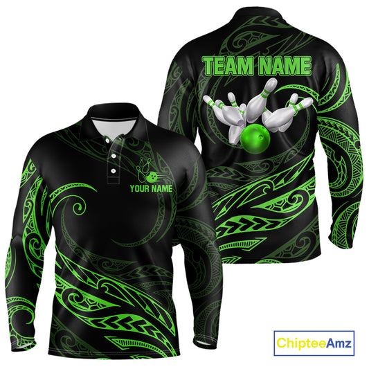 Black and Green Tribal Pattern Bowling Polo, Quarter Zip shirts For Men Custom Team Bowling Jerseys NQS10484