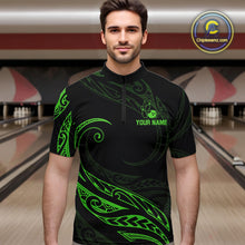 Load image into Gallery viewer, Black and Green Tribal Pattern Bowling Polo, Quarter Zip shirts For Men Custom Team Bowling Jerseys NQS10484